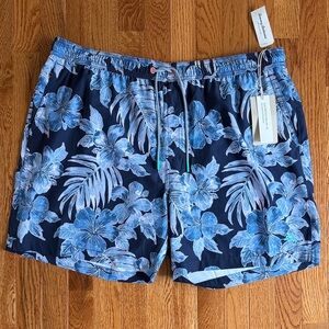 Tommy Bahama Navy Blue Swim Trunks with Light Blue Floral Print